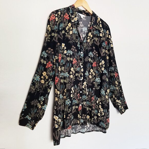 J. Jill Black Botanical Floral Button Front Shirt Blouse Tunic Long Sleeves M - Picture 14 of 15